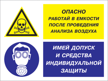 Кз 90 опасно - работай в емкости после проведения анализа воздуха. имей допуск и средства индивидуальной защиты. (пластик, 600х400 мм) - Знаки безопасности - Комбинированные знаки безопасности - Магазин охраны труда и техники безопасности stroiplakat.ru