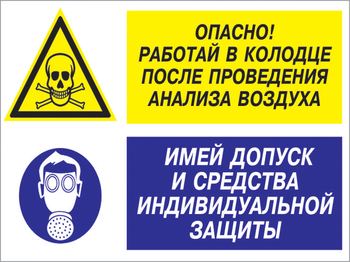 Кз 78 опасно - работай в колодце после проведения анализа воздуха. имей допуск и средства индивидуальной защиты. (пленка, 400х300 мм) - Знаки безопасности - Комбинированные знаки безопасности - Магазин охраны труда и техники безопасности stroiplakat.ru